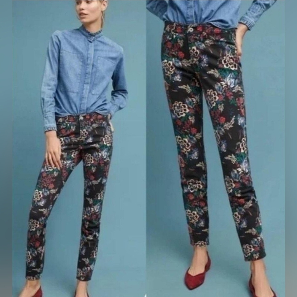 Pilcro and the Letterpress Mid-Rise Skinny Sz 27 Exotic Black Floral Print Jeans